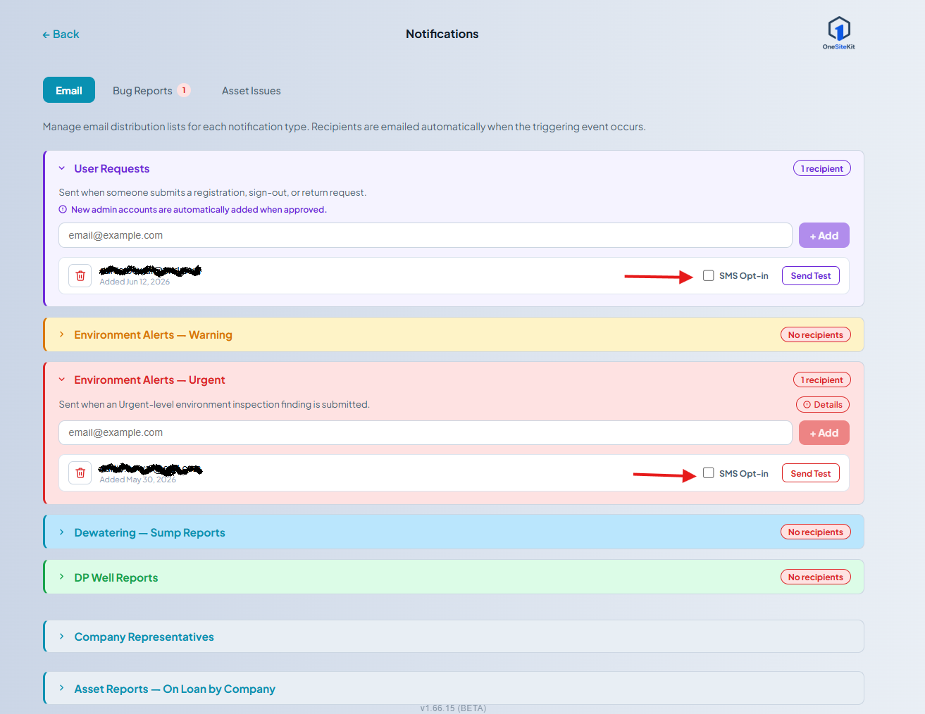 OneSiteKit Notifications screen, Email tab. Several email distribution lists (User Requests, Environment Alerts — Warning/Urgent, Dewatering and Well reports) are listed. Two recipient rows for the signed-in user each show an unchecked 'SMS Opt-in' checkbox with red arrows pointing at them, next to a 'Send Test' button.