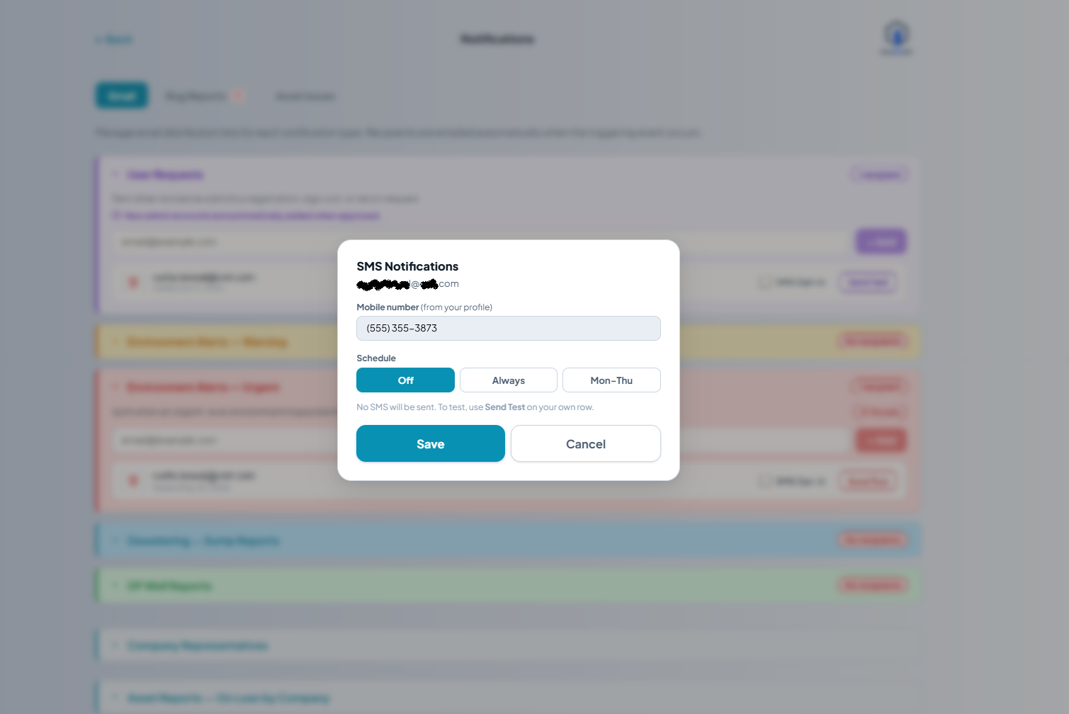 SMS Notifications modal in its default state. It shows the recipient's email, the mobile number '(780) 908-8768' labelled 'from your profile', and a Schedule selector with 'Off' selected. Helper text reads 'No SMS will be sent. To test, use Send Test on your own row.' Save and Cancel buttons are at the bottom.