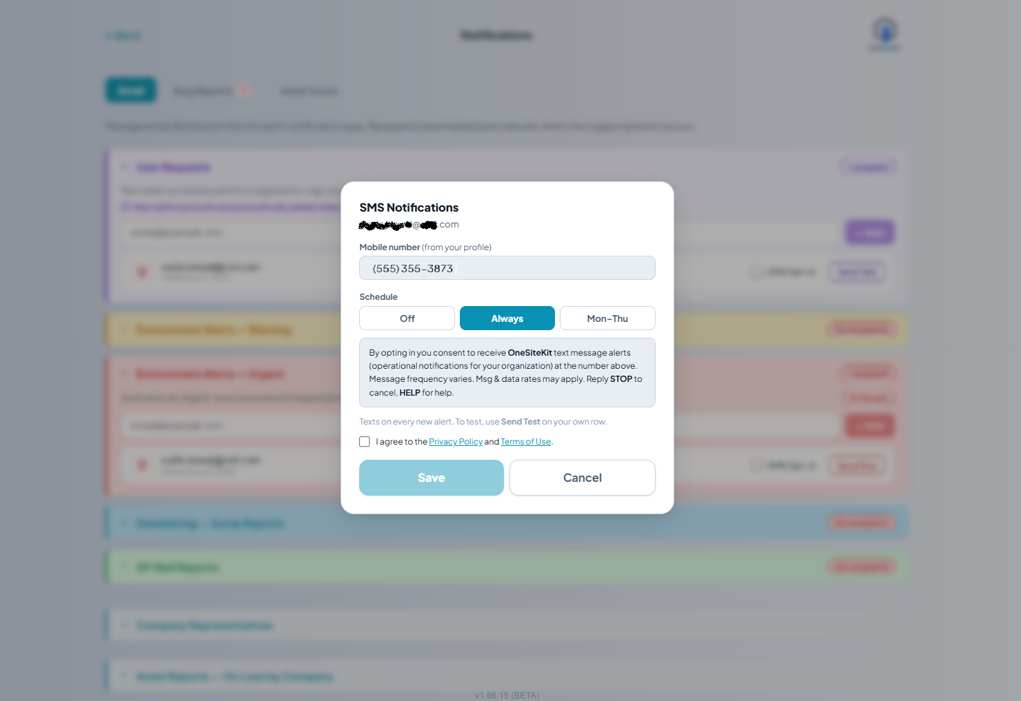 SMS Notifications modal with 'Always' selected. The consent disclosure box is shown, helper text reads 'Texts on every new alert. To test, use Send Test on your own row.', the 'I agree to the Privacy Policy and Terms of Use' checkbox is unchecked, and the Save button is greyed out (disabled).
