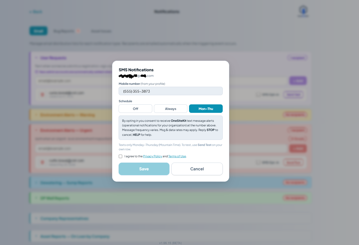 SMS Notifications modal with 'Mon–Thu' selected. The same consent disclosure is shown, but the helper text now reads 'Texts only Monday–Thursday (Mountain Time). To test, use Send Test on your own row.' The 'I agree' checkbox is unchecked and Save is disabled.
