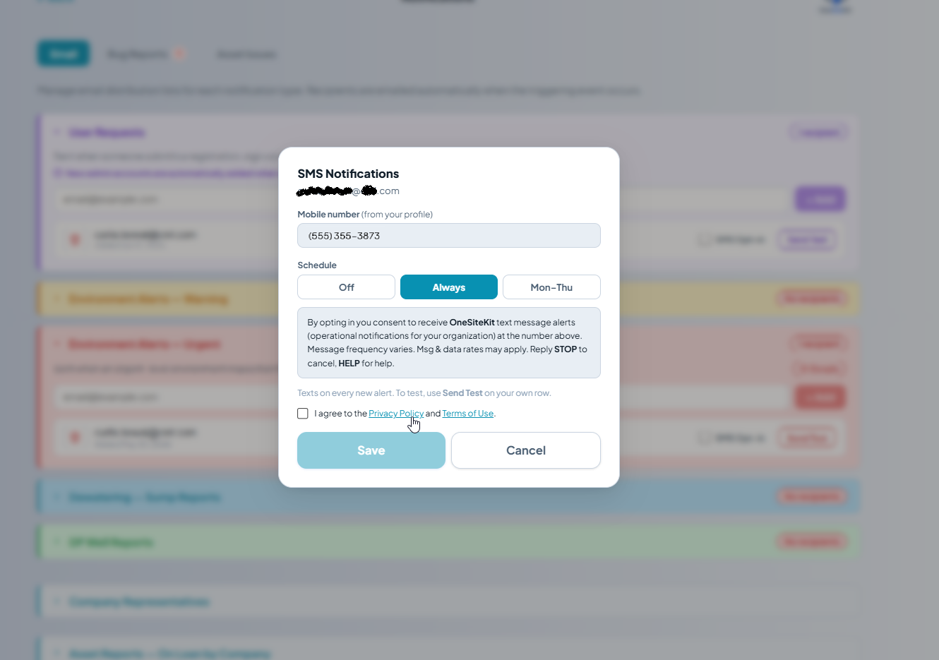 The SMS Notifications modal with the cursor hovering over the 'Privacy Policy' hyperlink inside the 'I agree to the Privacy Policy and Terms of Use' line.