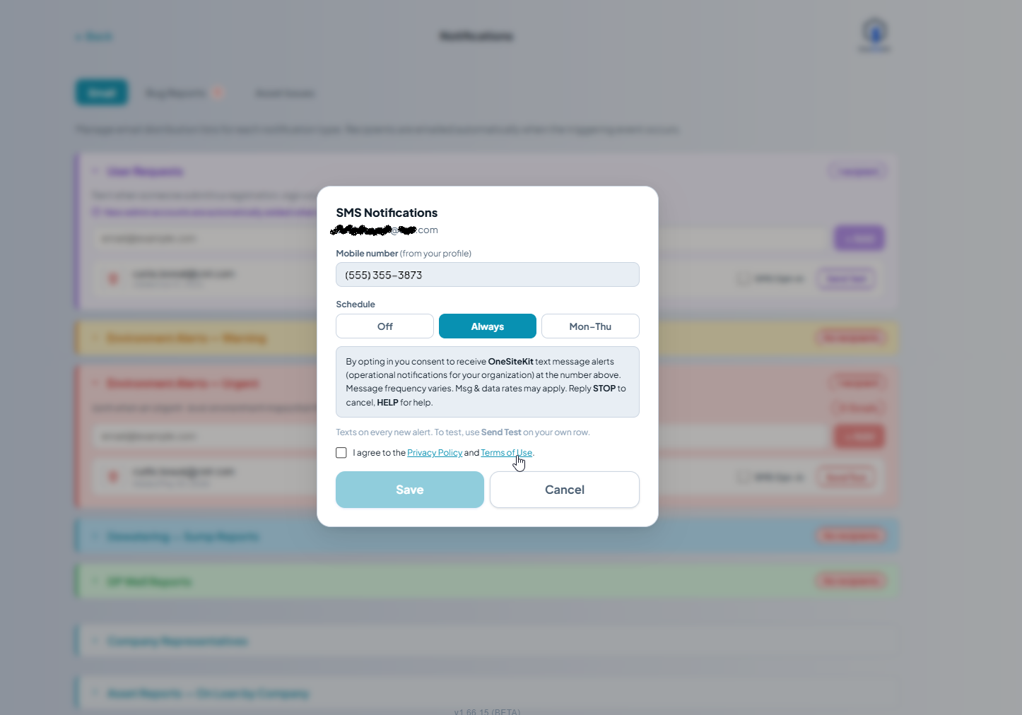 The SMS Notifications modal with the cursor hovering over the 'Terms of Use' hyperlink inside the 'I agree to the Privacy Policy and Terms of Use' line.