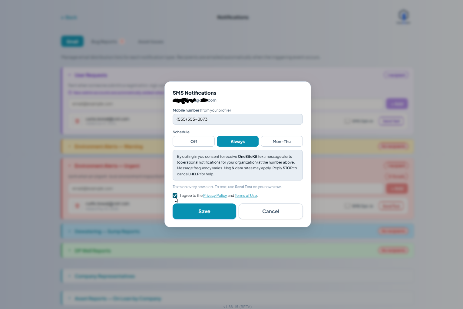 The SMS Notifications modal with 'Always' selected and the 'I agree to the Privacy Policy and Terms of Use' checkbox now ticked. The Save button is now solid blue and active.