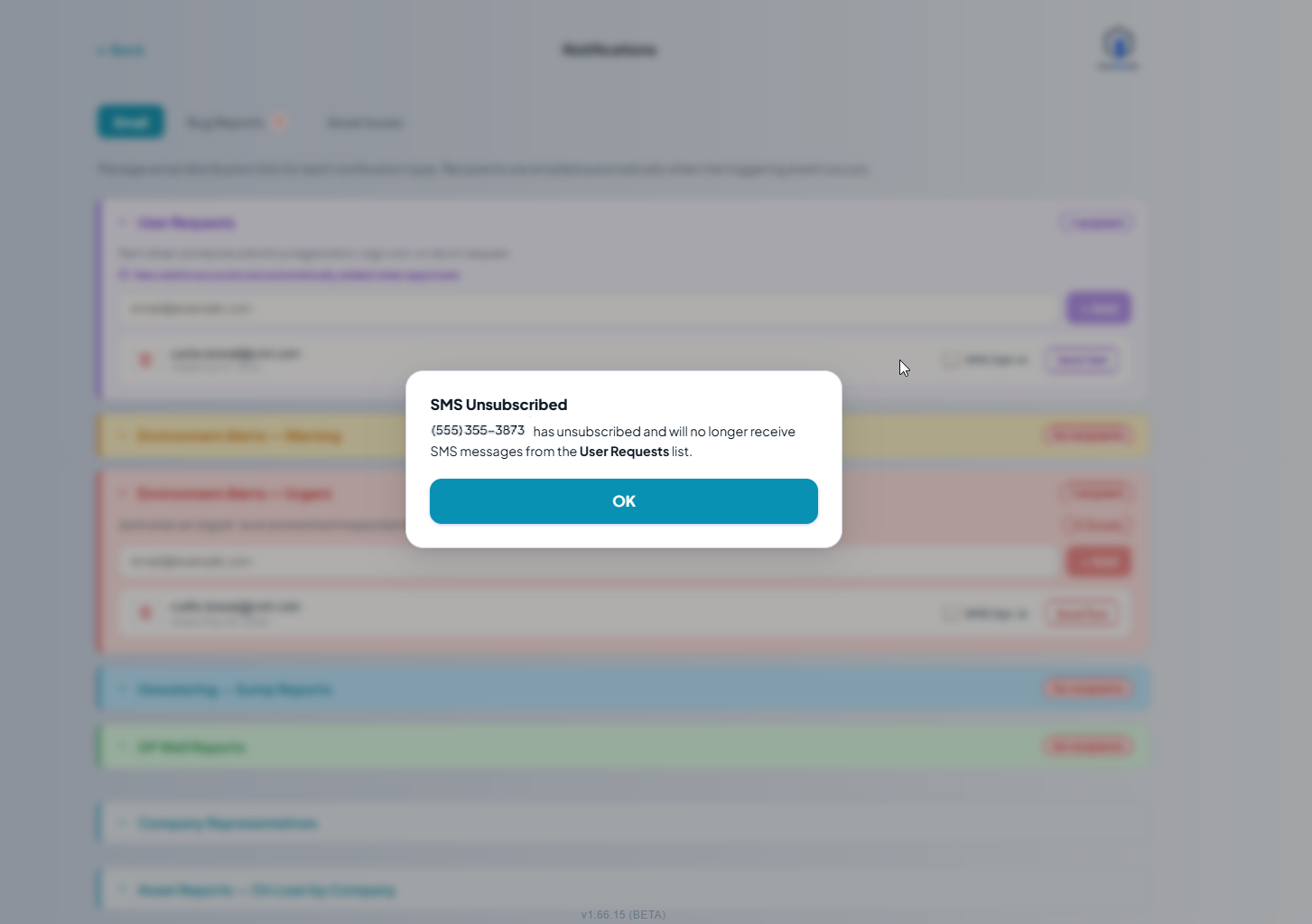 An 'SMS Unsubscribed' confirmation modal reading '(780) 908-8768 has unsubscribed and will no longer receive SMS messages from the User Requests list.' with a single OK button.