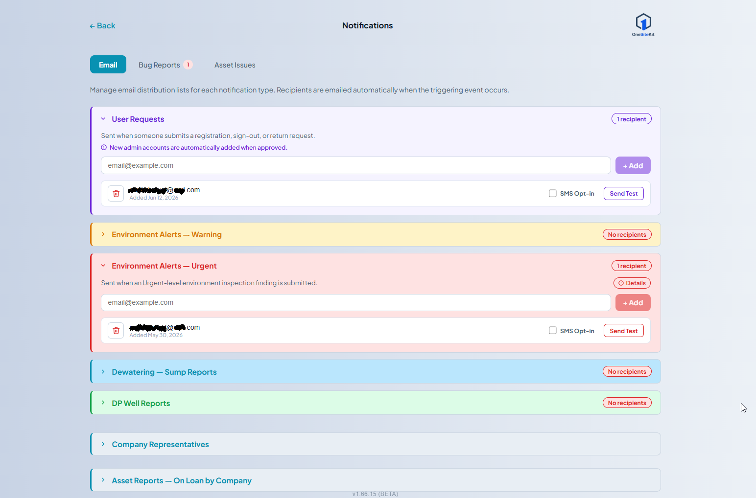 Notifications screen after opting out. The User Requests recipient row now shows an unchecked 'SMS Opt-in' checkbox again, matching the opted-out state.